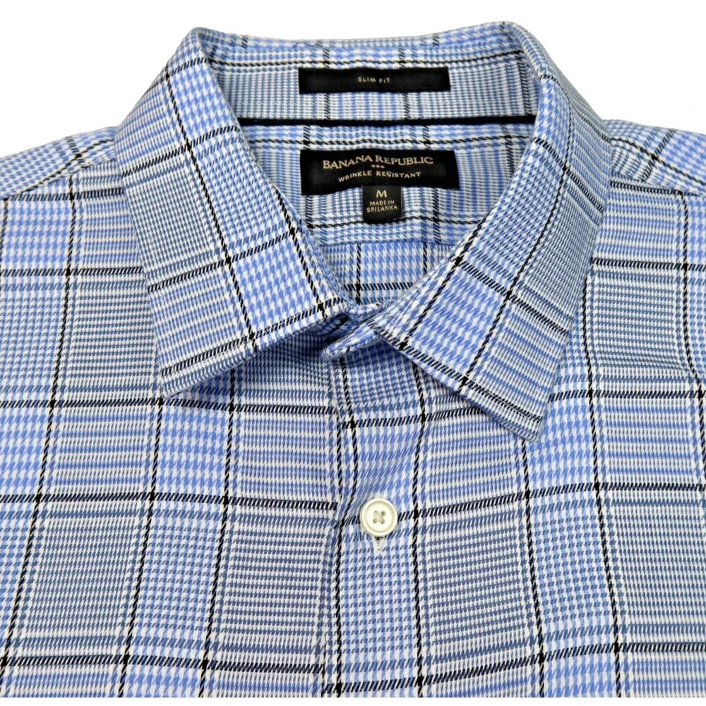Banana Republic Wrinkle Resistant Shirt Men Medium Slim Fit Blue/Black Plaid L/S